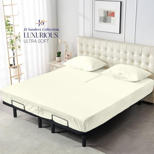 JS Sanders Collection 600TC Flex Top Queen Sheets for Sleep Number Bed - 100% Cotton 4 Pcs Top Split Queen Sheets for Adjustable Bed Queen 32 Inch Down Ivory -18 Inch Deep