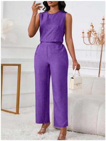 Floerns Women's 2 Piece Sets Dressy Outfits Bussiness casual Crew Neck Sleeveless Blouse and Elegant Pants Set
