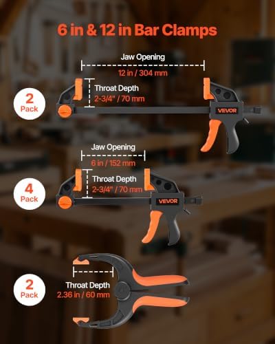 VEVOR Bar Clamps for Woodworking, 8-Pack, 6" and 12", with Spring Clamps, One-Handed Clamp/Spreader, 154 lbs Load Limit, Quick Release, Self-Locking Design, for Wood Working and Metal Working