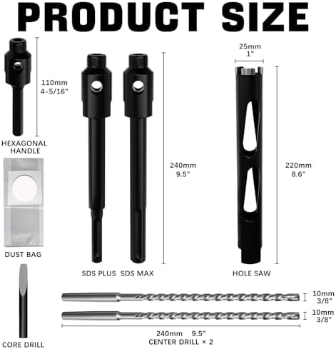 Diamond Core Drill Bit 1"(25mm) with Pilot Bit & Adapters (SDS Plus & Hex) – Upgraded Welded Segments, 8.6" Depth – for Concrete, Solid Brick, Hollow Brick, Masonry & More