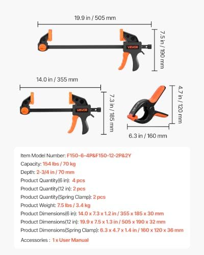 VEVOR Bar Clamps for Woodworking, 8-Pack, 6" and 12", with Spring Clamps, One-Handed Clamp/Spreader, 154 lbs Load Limit, Quick Release, Self-Locking Design, for Wood Working and Metal Working