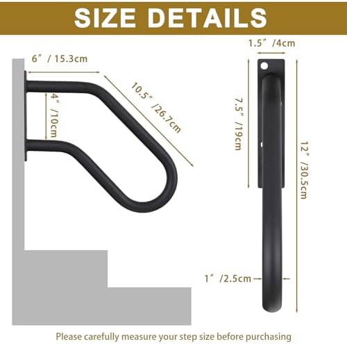 Hand Rails for Indoor Outdoor Steps, Wall Mount Non-Slip U-Shape Stair Railing, Black, 1 Pack (Black, 2 Pack 16")