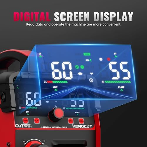 Plasma Cutter, 55Amps HEROCUT Plasma Cutter Machine CUT55i, Non-Touch Pilot Arc, 110/220V Dual Voltage IGBT Inverter, Screen Display, Air Sensor, 1/2'' Clean Cutting Thickness, 2T/4T for Beginners DIY