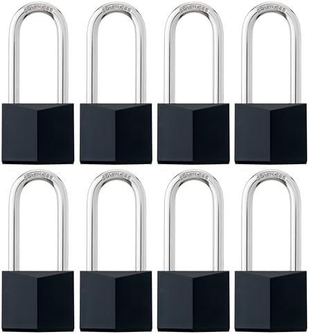 8-Pack Keyed Alike Locks, Black Covered Brass Keyed Padlock with Stainless Steel Long Shackle, 1-9/16 Inch Lock Body, Rustproof Locks for Gate Fence Hasp Cabinet Toolbox Gym or School Locker