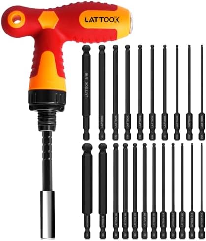 Metric & SAE Ball End Hex Bit Set with Ratcheting T Handle Bit Driver | LATTOOK 22PCS Ball End Hex Head Allen Wrench Drill Bit Set, Allen Key Drill Bit Set, Magnetic S2 Steel, 4'' Long
