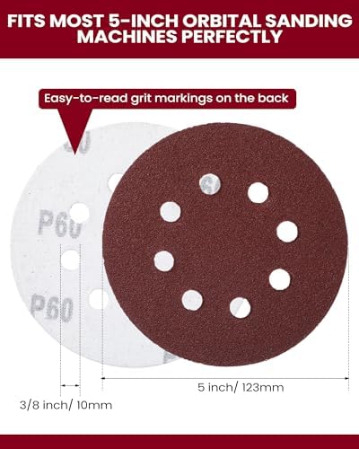 Queekay 350 Pieces 5 Inch 8 Holes Sanding Discs Round Hook and Loop Sandpaper for Random Orbital Sander 60 80 100 120 150 180 220 240 320 400 600 Grit(60 80 100 120 150 180 220 240 320 400 600 Grit)