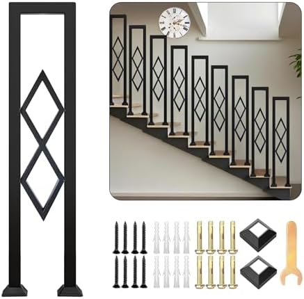 U-Shaped Stair Handrail, Black Wrought Iron Hand Rails Decorative Railing for Indoor Stairs, Porch Deck Loft Corridor Safety Non-Slip Support Poles, with Diamond Pattern (Black/2.8FT/85CM)