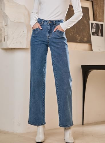 Sidefeel Women's Straight Leg Jeans High Waisted Stretchy Jeans Zimbaplatinum Wide Leg Ankle Denim Pants with Pockets