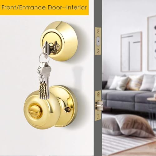 4 Pack Round Polished Brass Entry Door Knobs and Deadbolt Combination Set, Double Cylinder Deadbolt Door Lock Set, Keyed Alike, ANSI Grade 3 Security, 250,000 Cycles