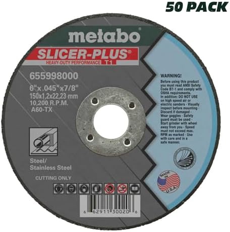 Metabo 655998000 50-Pack | 6-inch Slicer Plus Cutting Wheel | Type 1 | 6" x .045" x 7/8" | A60TX | Zirconia Alumina | Super Performance | Improved Performance in Steel, Stainless Steel