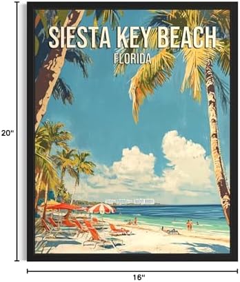 Siesta Key Beach Florida Wall Art Print Poster, US Vintage Retro Beach Scenery Posters Prints for Restroom Home Picture Painting Artwork Gallery 219 (Siesta Key Beach Florida, 16 x 20 inches, Black Frame)