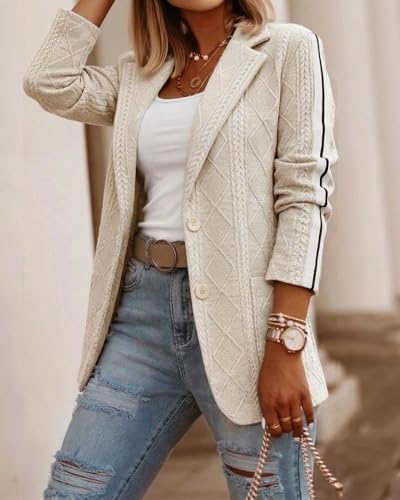 CHICME Women's Argyle Cable Jacquard Tape Sleeve Button Work Travel Blazer