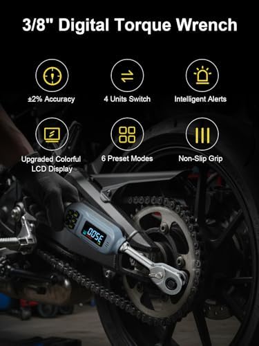 GROWNEER Digital Torque Wrench, 2.2-44.2 Ft-lbs/3-60 Nm, 3/8'' Drive Rachet Torque Wrench with Buzzer & Colorful LED Indicator, Electronic Torque Wrench Set for Bike Motorcycle Auto Repair