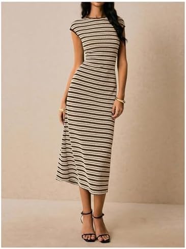 SOLY HUX Women's Striped Midi Dress Casual Work Knit Bodycon Summer Dresses