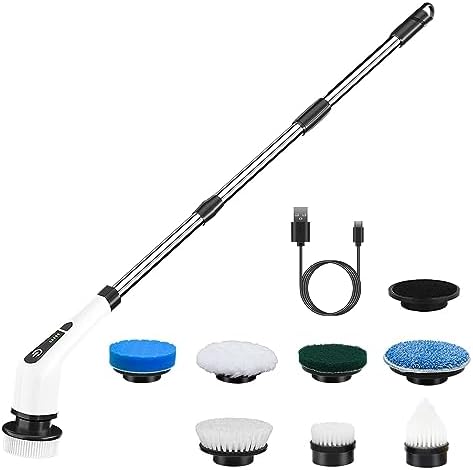 Electric Spin Scrubber, Cordless Telescopic Rechargeable Cleaning Brush, 8 Replaceable Heads, 2 Speed Adjustable for Bathroom & Floor
