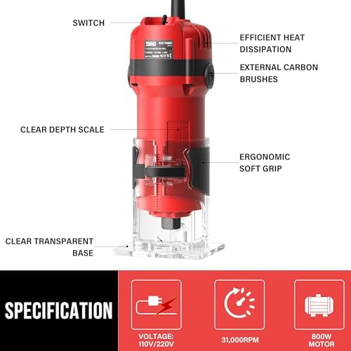 TEENO Wood Router, 800W Compact Router Tools for Woodworking, 31000 RPM Hand Trim Router with 15 Pcs 1/4" Router Bits Set, Edge Guide, Roller Guide, Dust Hood