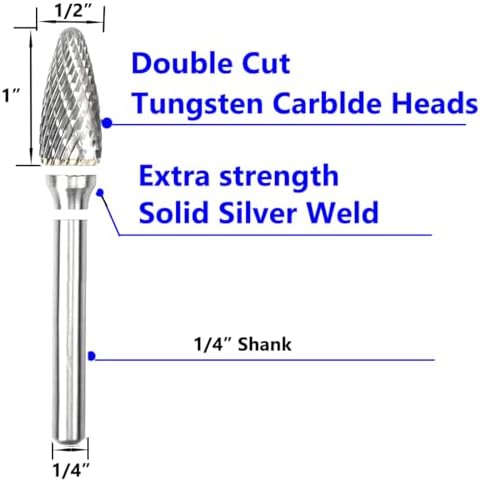 Carbide Burr Set 1/4" Shank SF-5 Die Grinder Bits Tungsten Double Cut Burr Bits (1/2" Cutter Dia X 1" Cutter Length) for Die Grinder Kits Metal Grinding Drilling Polishing (3pcs)