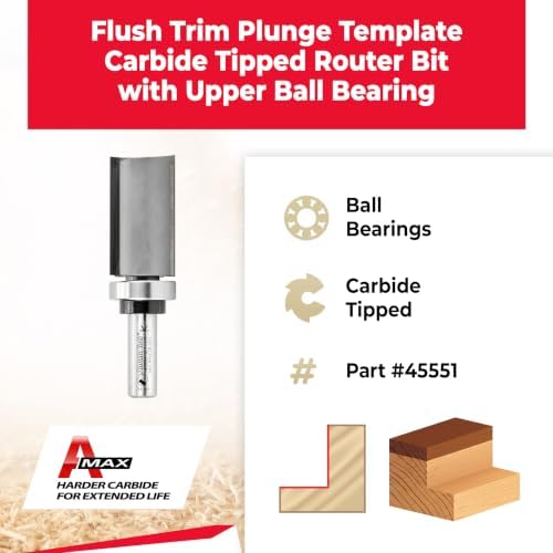 Amana Tool 45551 Carbide Tipped Flush Trim Plunge Template Router Bit 1-1/8 Dia x 2 Inch x 1/2 Shank with Upper Ball Bearing