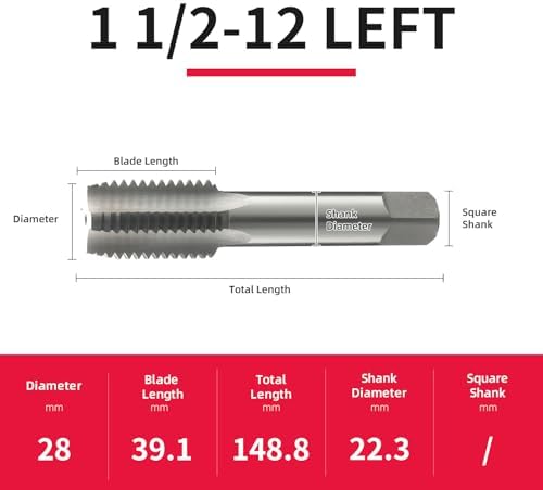 1 1/2-12 Left Hand Straight Flute Thread Tap Machine Tap HSS (High Speed Steel) Threading Tapping Repair Tools DRINYOUNG (1 1/2-12 Left)