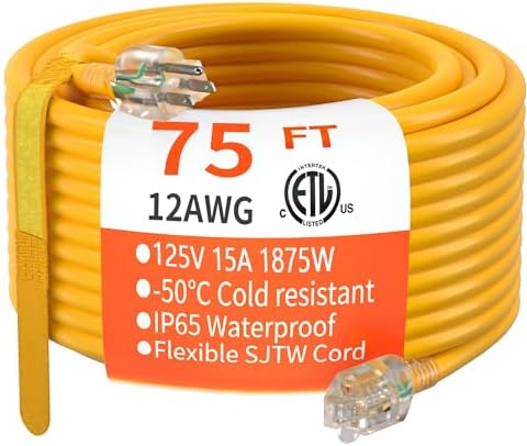 HUANCHAIN 75 FT 12/3 Gauge Extension Cord Yellow, Outdoor Electric Cable