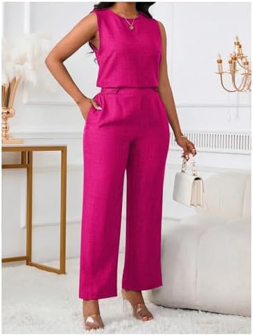 Floerns Women's 2 Piece Sets Dressy Outfits Bussiness casual Crew Neck Sleeveless Blouse and Elegant Pants Set