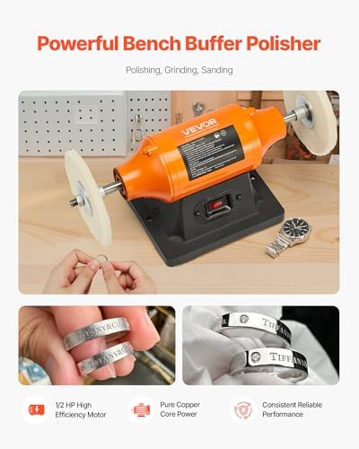 VEVOR 1/2HP Bench Buffer Polisher, 6-inch Bench Polishing Buffing Machine, 3450RPM Single Speed Benchtop Polisher with 2PCS Cloth Wheels & Cast Iron Base for Metal, Jewelry, Wood Polishing