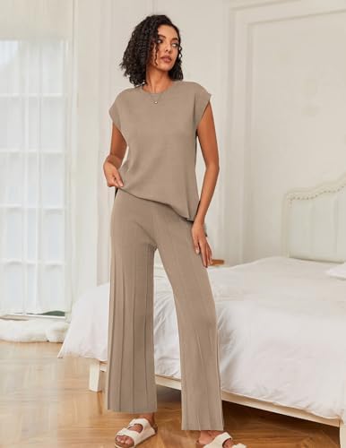 Ekouaer Lounge Sets for Women Two Piece Outfits Knit Cap Sleeve Tops Wide Leg Pleated Pants Casual Dressy Sweater Sets