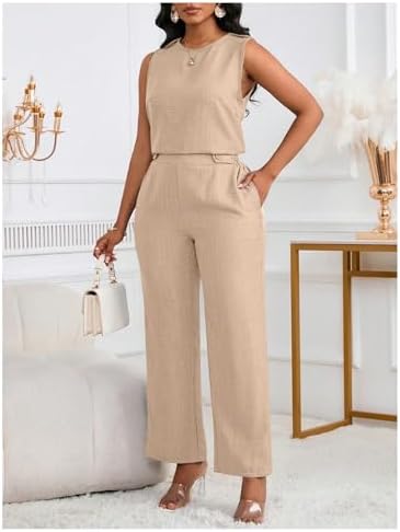 Floerns Women's 2 Piece Sets Dressy Outfits Bussiness casual Crew Neck Sleeveless Blouse and Elegant Pants Set