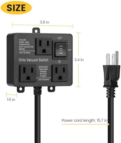 Automatic Vacuum Switch, Ortis Vacuum Switch for More Power Tools, Delay Vacuum On/Off to Prevent Circuit Overload and Tripping, Keep Your Workplace Cleaner, Better for Your Lung, Black