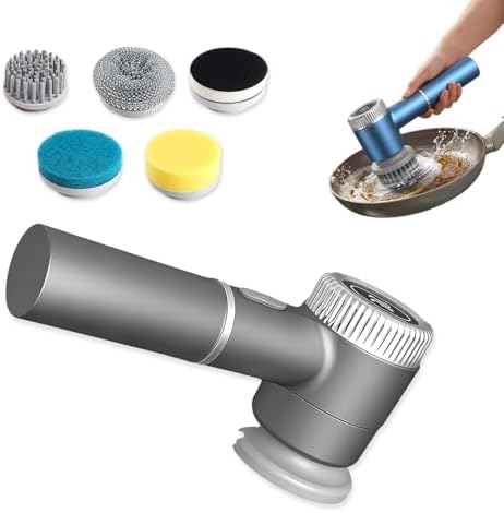 Electric Spin Scrubber, Cordless Shower Scrubber with Digital Display, 3 Speed Power Cleaning Brush with 5 Replaceable Heads, Ideal for Bathroom Tile Tub Sink Floor (Grey-1 PC)