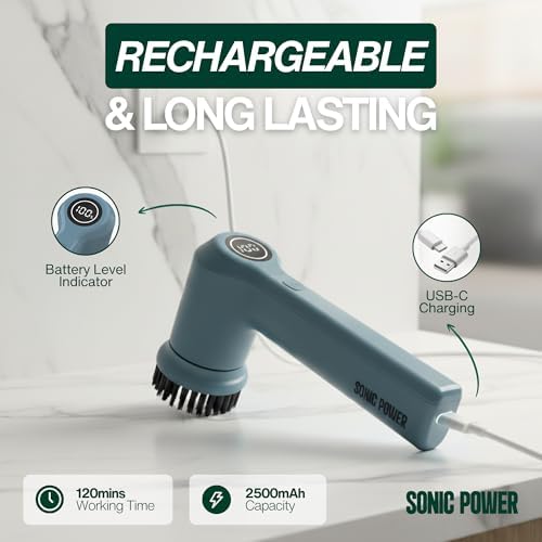 SonicPower Electric Spin Scrubber – Handheld & Ergonomic, IPX7 Waterproof, 4 Multi-Purpose Brush Heads, Long-Lasting Rechargeable Battery – Cleans Dishes, Bathroom, Tile, Grout & Kitchen (Steel Blue)