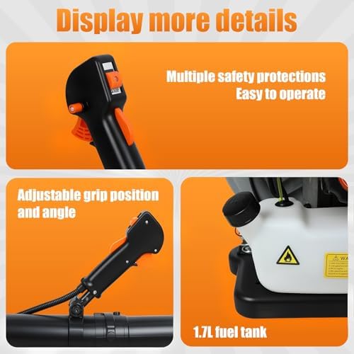 65cc Gas Powered Backpack Leaf Blower, 700 CFM & 200 MPH, Lightweight Handheld Leaf Blower for Lawn Care, Snow & Dust Removal, 1.7L Fuel Tank Orange