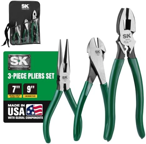 SK Tools USA 3-Piece Pliers Set, High Quality Carbon Steel, Roll-Up Pouch
