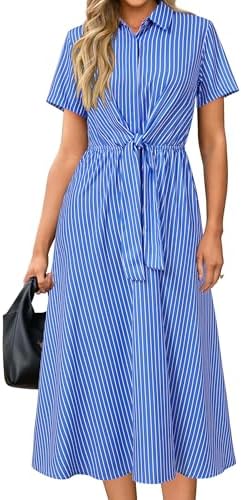 Newshows Women's Work Business Casual Outfits Tie Waist Midi Shirt Dress
