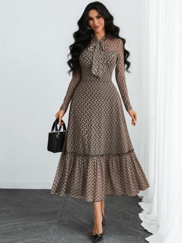 GothDark Polka dot Dress for Women Tie Neck Bow Ruffle Fall Vintage Dress