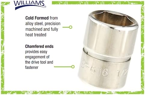 Williams JHWB-616 3/8-Inch Drive Shallow SAE 6 Point Socket, 1/2-Inch, High-Polished Chrome Finish