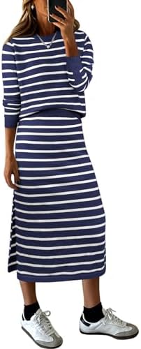 ANRABESS Women 2 Piece Striped Sweater Skirt Set