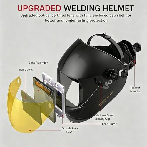 Large View True Color Auto Darkening Welding Helmet with LED Light - Solar Powered, 4 Arc Sensors, 1/1/1/1 Optical Clarity, Wide Shade 4/5-13 for TIG MIG ARC Grind