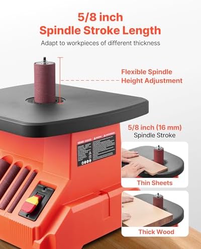 VEVOR Oscillating Spindle Sander, 2400RPM Benchtop Spindle Sander with 6 Sleeves (1/2"-3"), 5/8" Stroke & 15.4 x 16.3-inch Wide Worktable for Furniture Finishing, Crafts Sanding, DIY Woodworking