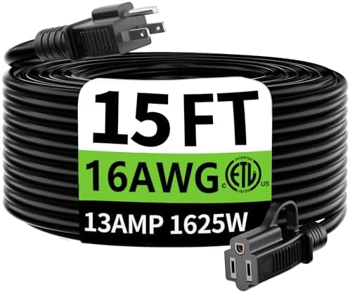 HUANCHAIN Indoor Outdoor Black Extension Cord 15 FT Waterproof 16/3 Gauge
