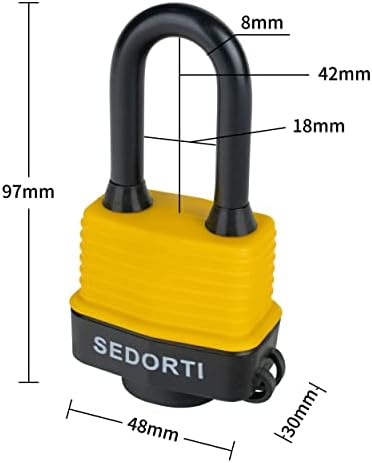 SEDORTI Colored Waterproof Padlocks, Yellow-Covered Laminated Steel Lock, Same Color with Same Key, Keyed Alike Outdoor Locks, Can Be Used as Lockout Tagout Lock, Long Padlocks, Pack of 12