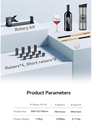 Falcon A1 Rotary Kit Pro Upgrade Package with 12 Risers，Jaw Chuck Rotary for Engraving Cylindrical Objects, Wine Glass, Baseball Bat, Ring for Ceality Falcon A1 Falcon A1 Pro(No Glasses Version)