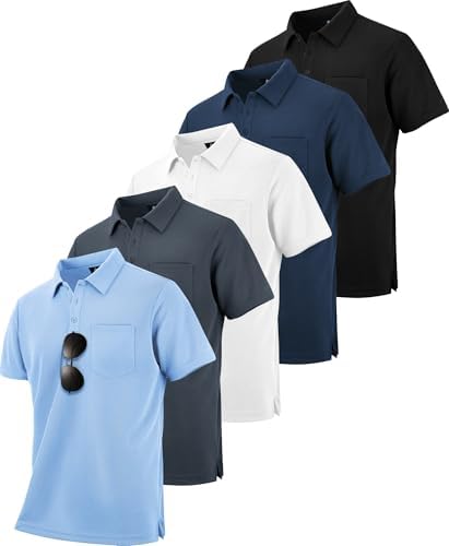 ZITY 5 Pack Polo Shirts for Men with Pocket Dry Quickly Short Sleeve Athletic Outdoor Work Collared Shirts