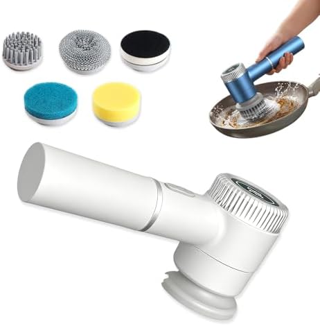 Electric Spin Scrubber, Cordless Shower Scrubber with Digital Display, 3 Speed Power Cleaning Brush with 5 Replaceable Heads, Ideal for Bathroom Tile Tub Sink Floor (White-1PC)