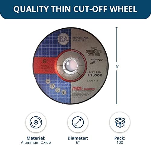 Benchmark Abrasives Grinder Cut Off Wheels 6 Inch Aluminum Oxide Depressed Center Thin Type 27 for Metals, .045" Thick 7/8" Arbor, Angle Grinder Cutting Disc, Grinding Cutting Wheel - 100 Pack