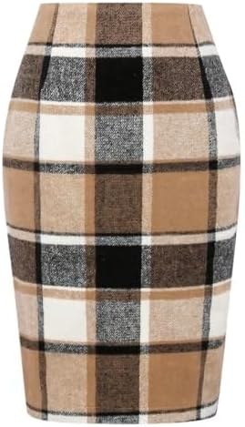 IDEALSANXUN Plaid Skirts for Women Fall Winter Knee Length Pencil Wool Skirt with Slit