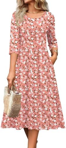 Zeagoo 3/4 Sleeve Women's Dress Casual Aline Summer Fall Midi Long Dresses