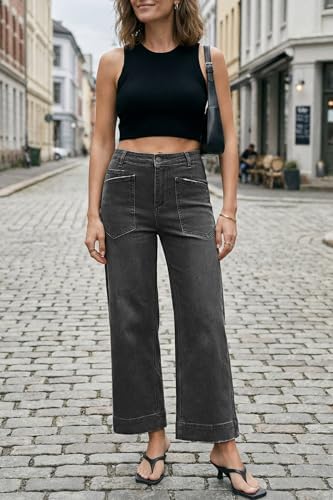 Cicy Bell Womens Cropped Wide Leg Jeans High Waisted Baggy Denim Ankle Pant
