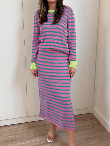 ANRABESS Women 2 Piece Striped Sweater Skirt Set