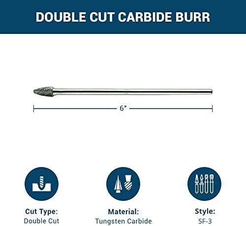 Benchmark Abrasives 6” Tree Shape Radius Double Cut Tungsten Carbide Die Grinder Bits Metal Deburring Tool Rotary Burr, 1/4 Inch Shaft, Engraving Tool for Woodworking Shaping Carving (SF-3)
